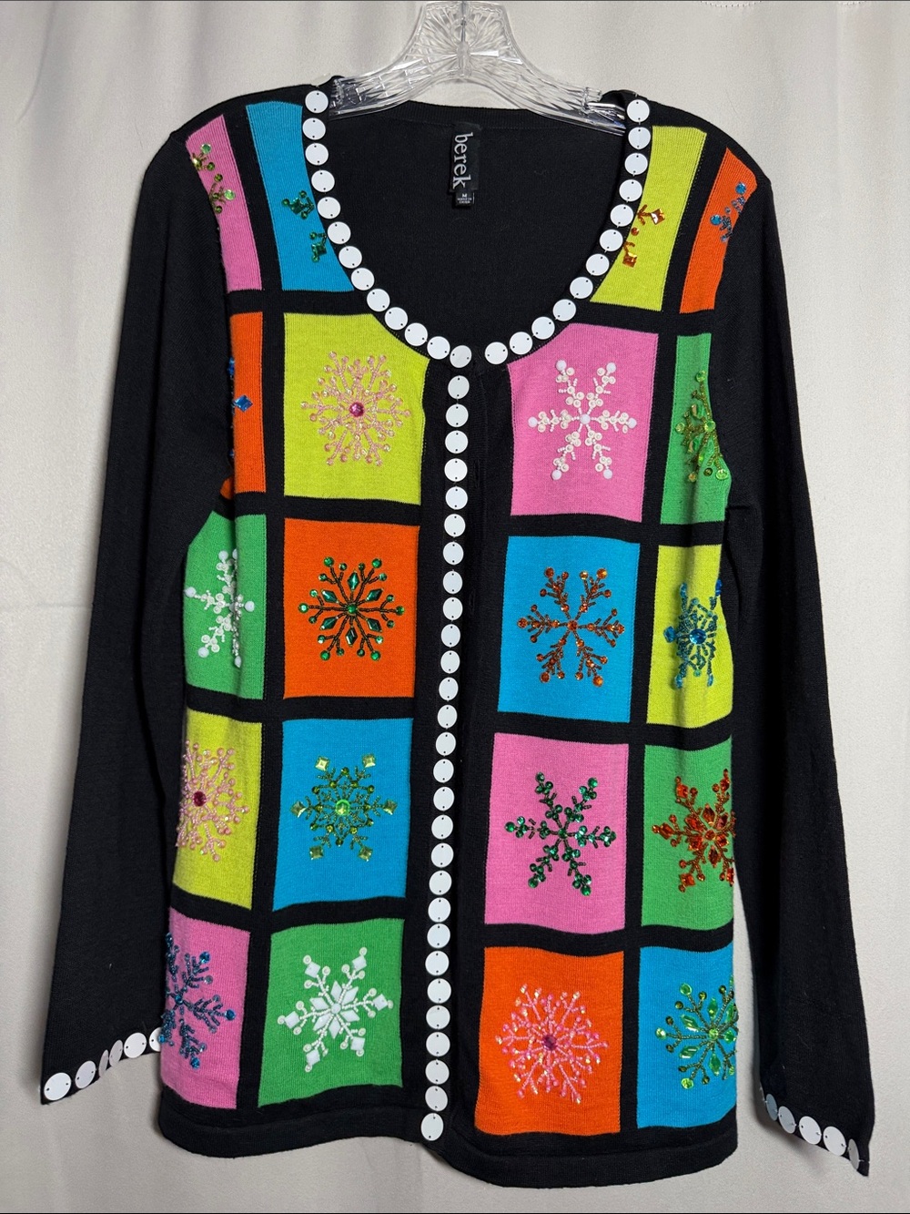 Berek Black with Colorful Snowflake Jewel Patchwork Christmas Winter Cardigan M